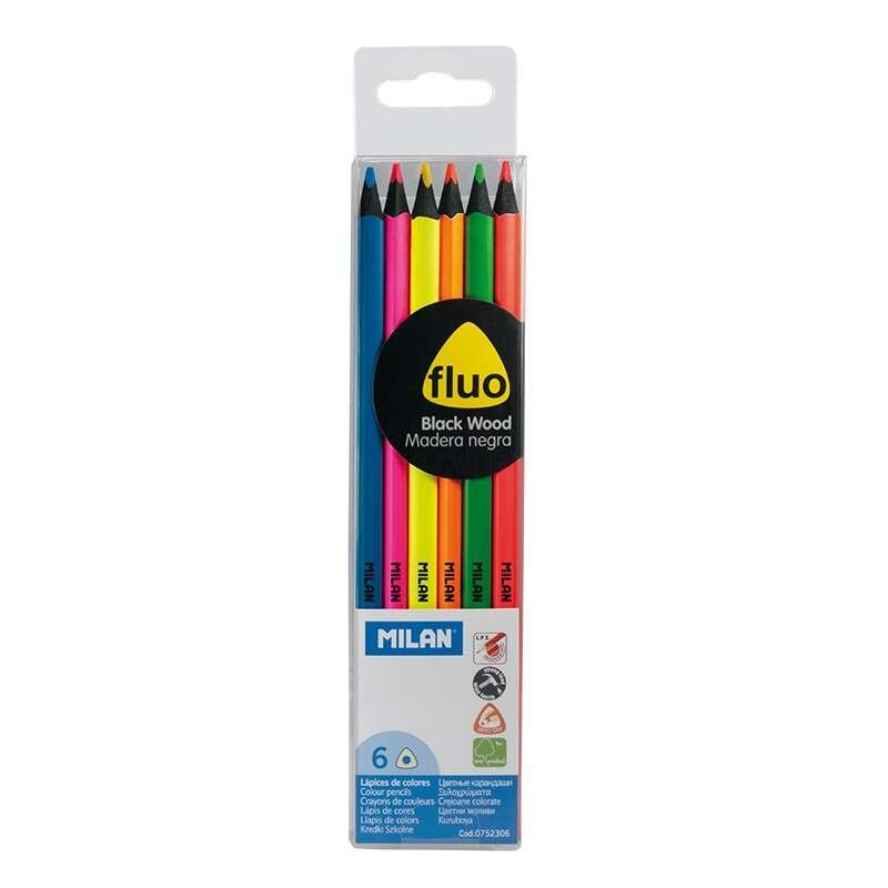 Milan Fluo Confezione da 6 matite colorate triangolari - mina 2.9 mm - Ergonomiche - Resistenti alla frantumazione - Leg