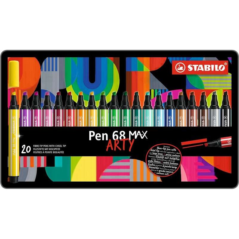 Stabilo Pen 68 MAX Arty Metal Scatola da 20 matite - Punta in fibra smussata - Larghezza del tratto circa 1-5 mm - Inchi