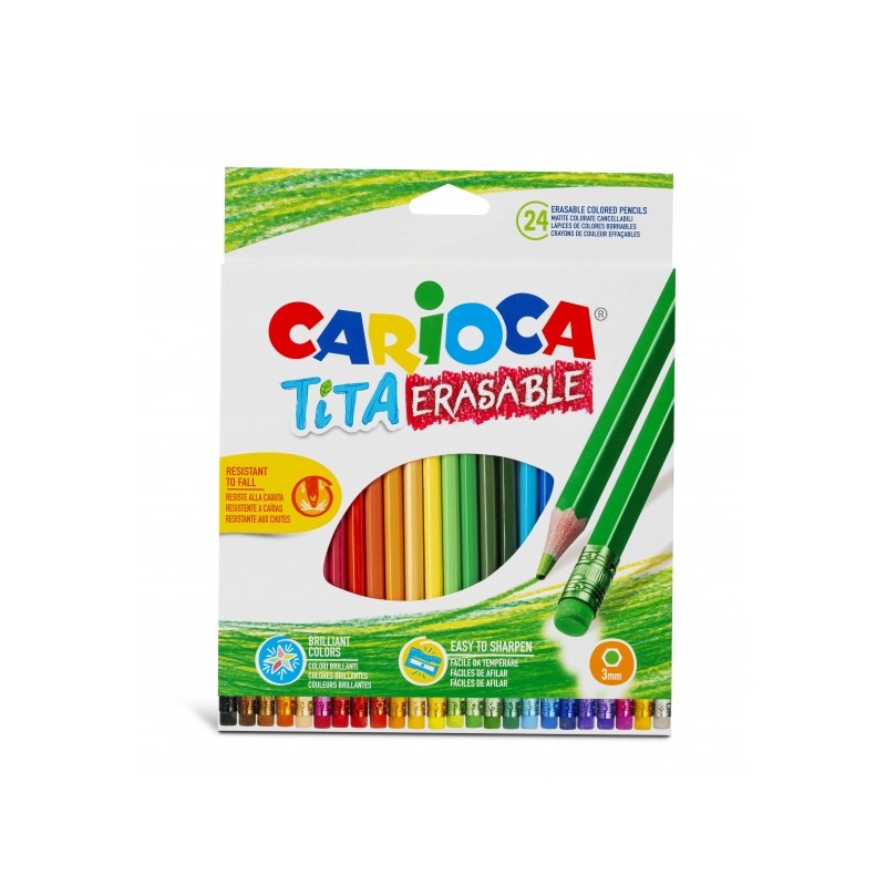 Carioca Tita Confezione da 24 matite cancellabili in resina - Corpo esagonale - Colori brillanti e lavabili - Scrittura 