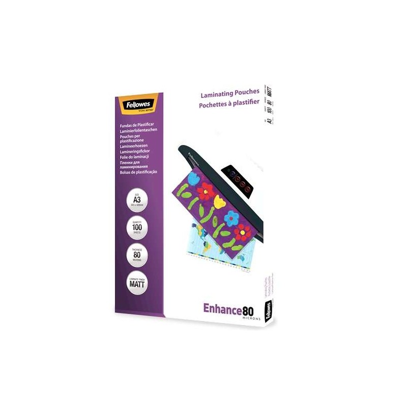 Fellowes Confezione da 100 fogli di laminazione opachi A3 - 80 Micron - Alta qualità - Trasparente