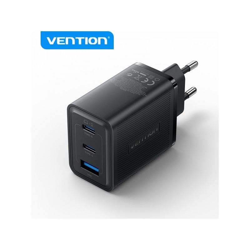 Vention Caricatore da parete GaN 3 porte USB (C + C + A) (65W/65W/30W) - UE - Colore nero