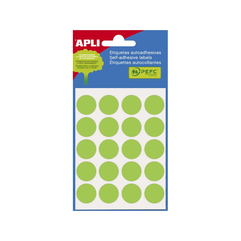 Apli Mini sacchetto di 100 etichette rotonde Ø 19 mm - 5 fogli per 20 etichette - Adesivo permanente - Adatto per scriv