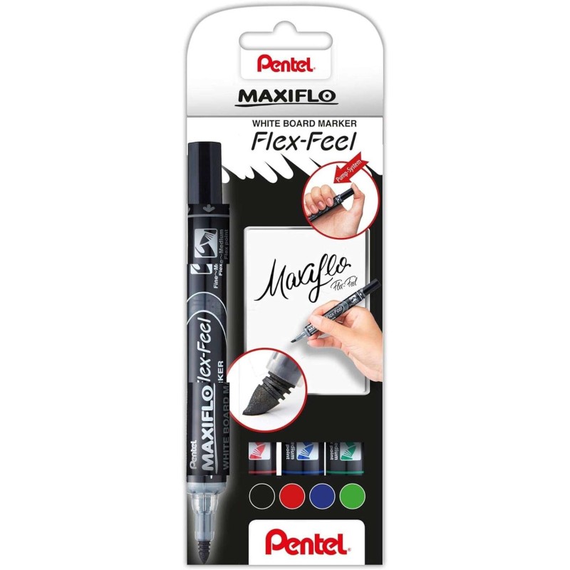Pentel Maxiflo Flex-Feel Confezione da 4 pennarelli per lavagne bianche - Punta flessibile da 4.6 mm - Erogazione a pist