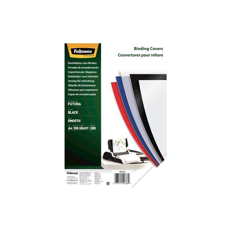 Fellowes Confezione da 100 copertine A4 in polipropilene - 280 Micron - Resistenti - Nero