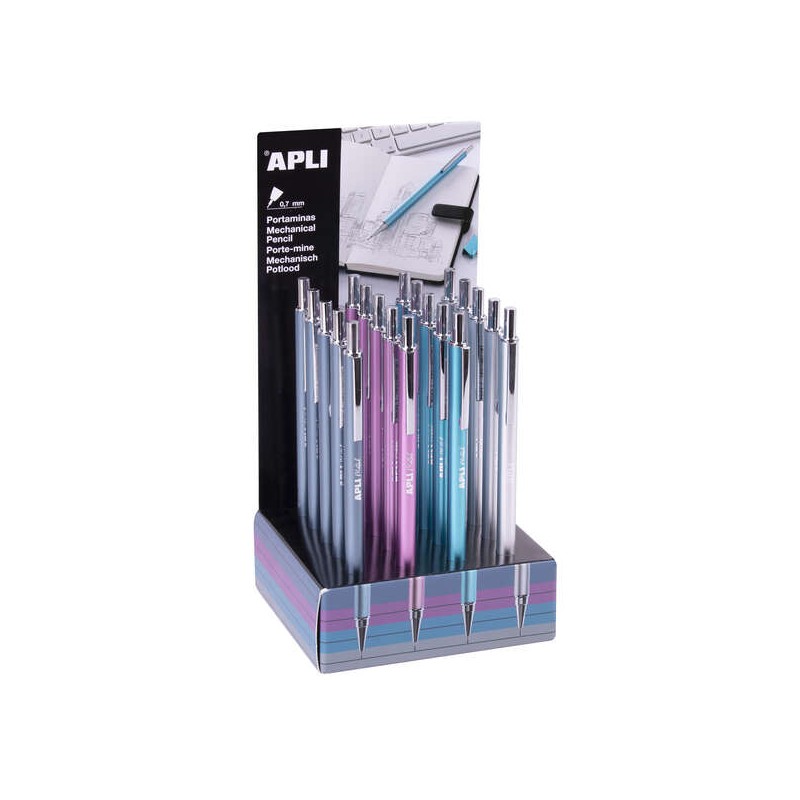 Apli Display da 20 matite meccaniche 0.7 mm - Texture morbida - Cappuccio e gomma - Colori metallizzati assortiti