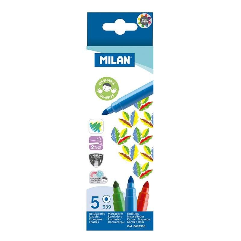 Milan Confezione da 5 pennarelli superlavabili - Punta conica 5mm - Inchiostro a base d'acqua - Colori assortiti