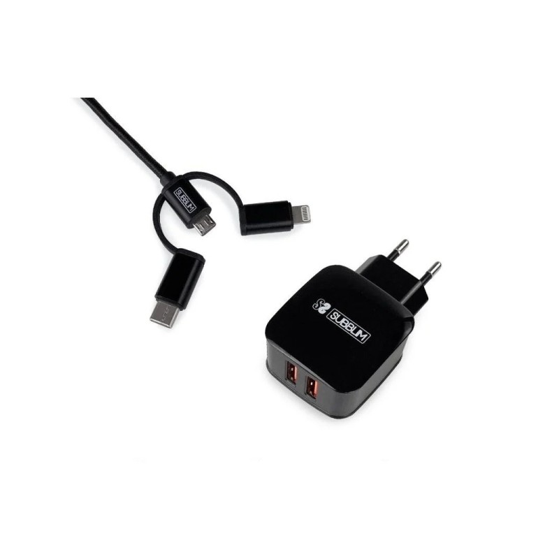 Subblim Dual Wall Charger - Lunghezza 1m - Esterno in nylon resistente e flessibile - Ricarica rapida fino a 2400Amp/12W