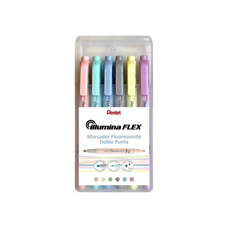Pentel Illumina Flex Confezione da 6 evidenziatori a doppia punta - smussati da 1.5 a 3.5 mm - conici da 1 mm - Colori g