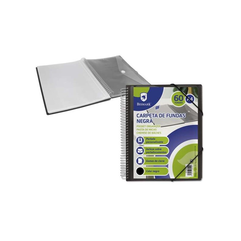 Cartella trasparente Bismark con 60 tasche trasparenti - Formato A4 - Include busta per documenti - Chiusura in gomma