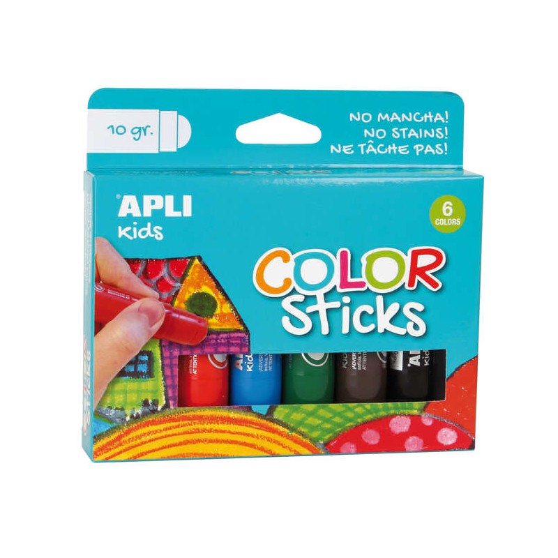 Apli Colour Sticks Solid Tempera - Confezione da 6 unità da 10 g - Finitura satinata senza vernice - Asciugatura rapida