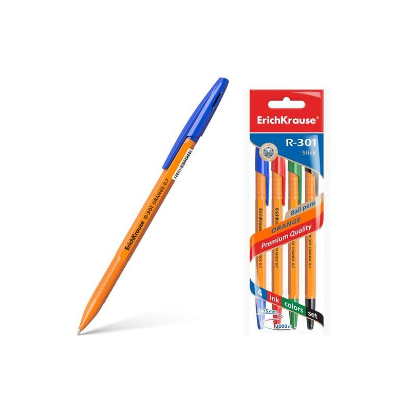 Erichkrause Confezione da 4 penne a sfera R-301 Orange Stick 0.7 - Fusto esagonale opaco - Punta da 0.7 mm - Inchiostro 