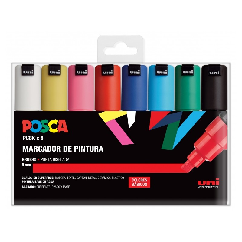 Posca PC-8K/8C Astuccio da 8 pennarelli - Punta smussata acrilica 8 mm - Inchiostro a base d'acqua - Resistente alla luc