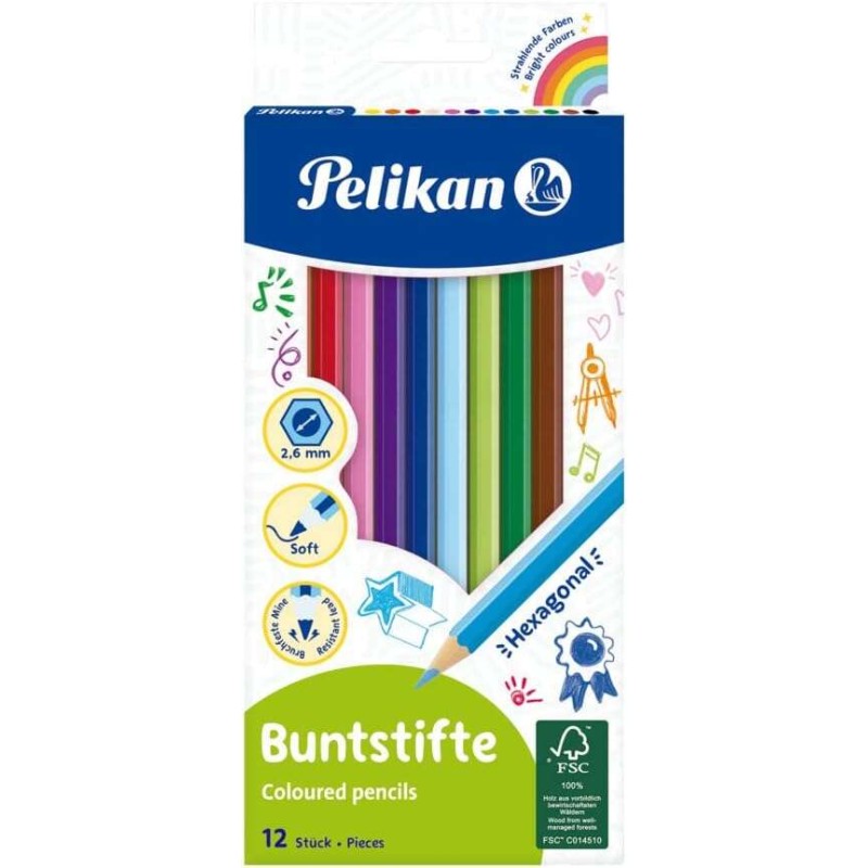 Pelikan Scatola di 12 matite colorate esagonali laccate - Mina anti-cracking - Certificazione FSC
