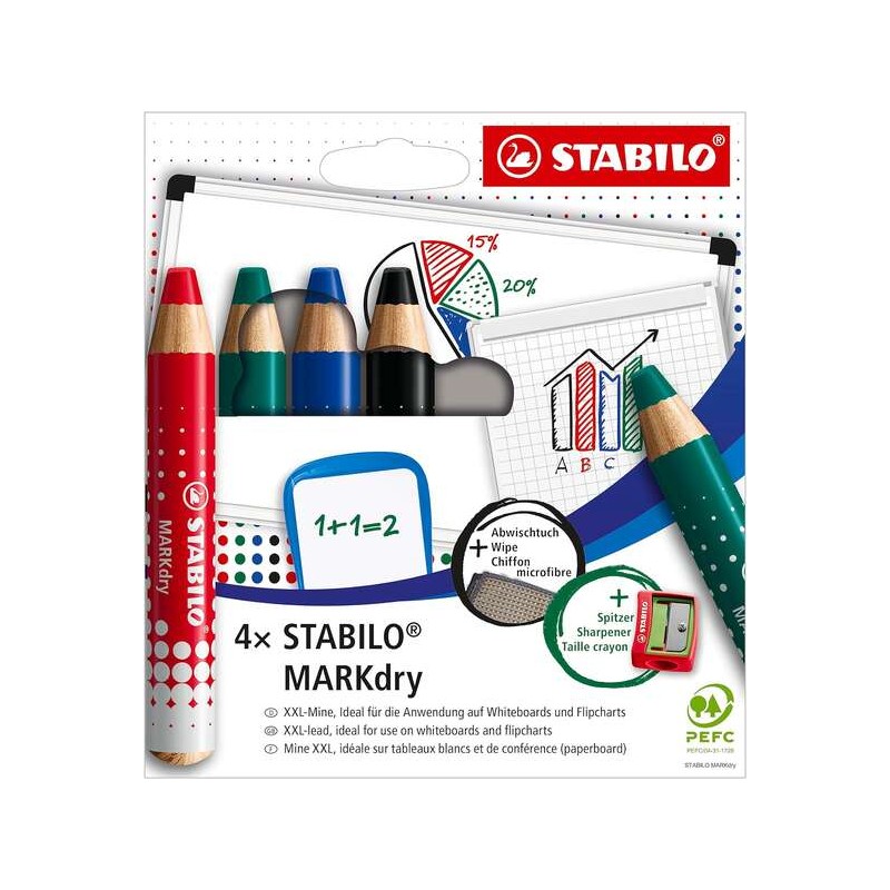 Stabilo MARKdry Confezione da 4 pennarelli per lavagna bianca + temperamatite + panno per la pulizia - mina XXL da 10 mm