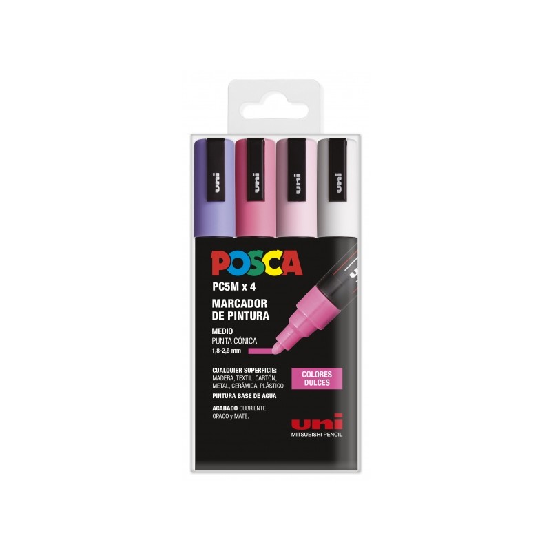 Posca PC-5M Confezione da 4 pennarelli - Punta 1.8-2.5 mm - Inchiostro a base d'acqua - Resistente alla luce - Colori as