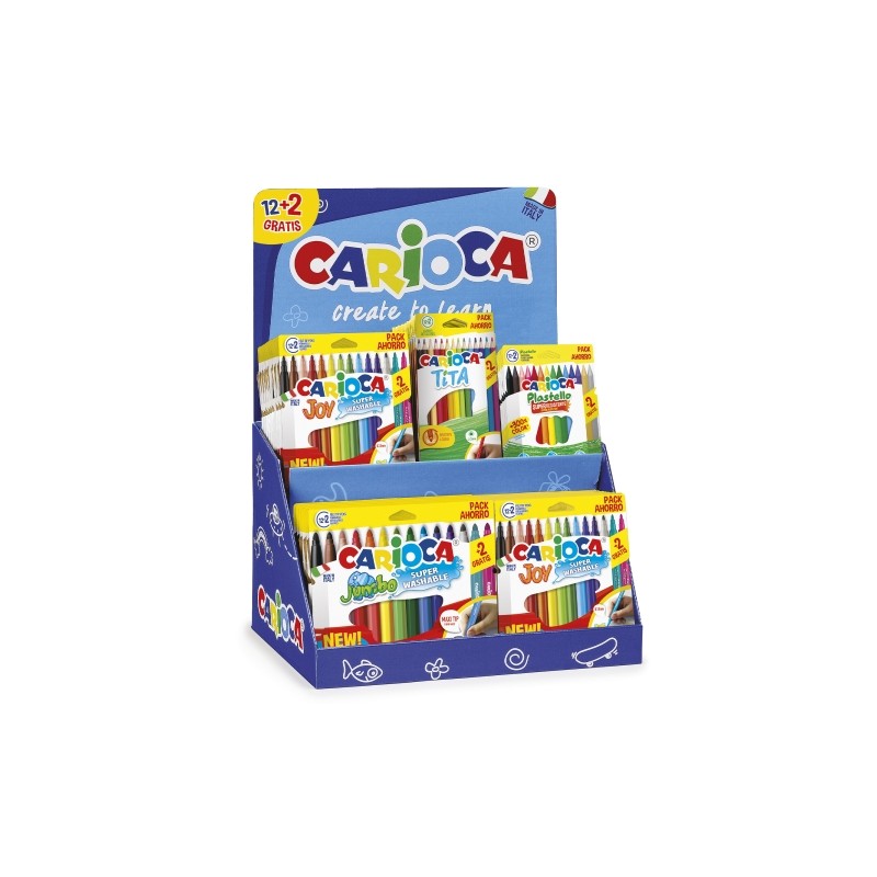 Display Carioca 12+2 Include 18 sacchetti di carta Joy 12+2. 6 sacchetti di carta Jumbo 12+2. 12 scatole Tita 12+2 e 12 