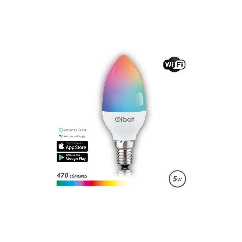 Elbat LED Candela Smart Wi-Fi C37 E14 5W 470lm RGB - Temperatura da 2700K a 6000K - Controllo vocale - Telecomando - 3 m