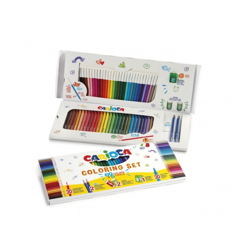 Confezione da colorare Carioca Joy 65 pezzi - 30 pennarelli super lavabili - 30 matite colorate super resistenti - 2 gom