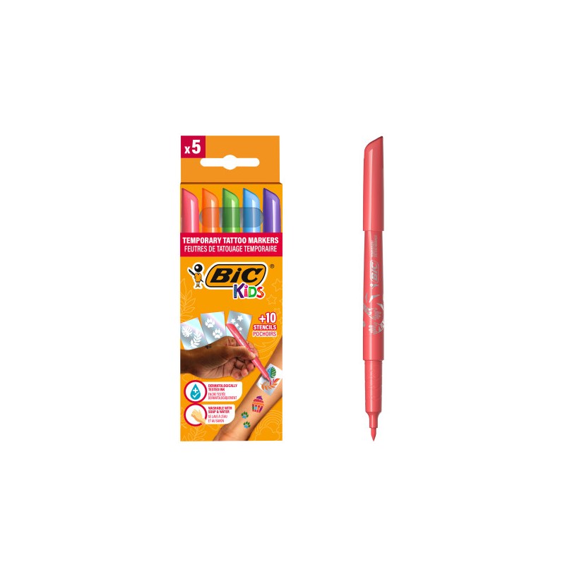 Bic Kids Tattoos Confezione da 5 penne + 10 stencil per tatuaggi temporanei - Inchiostro dermatologicamente testato e se
