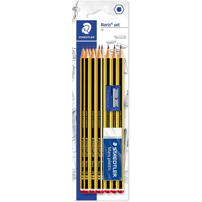 Staedtler Noris 120 Confezione da 10 matite di grafite esagonali 2HB + 1 gomma di plastica 526 50 + 1 temperamatite 510 