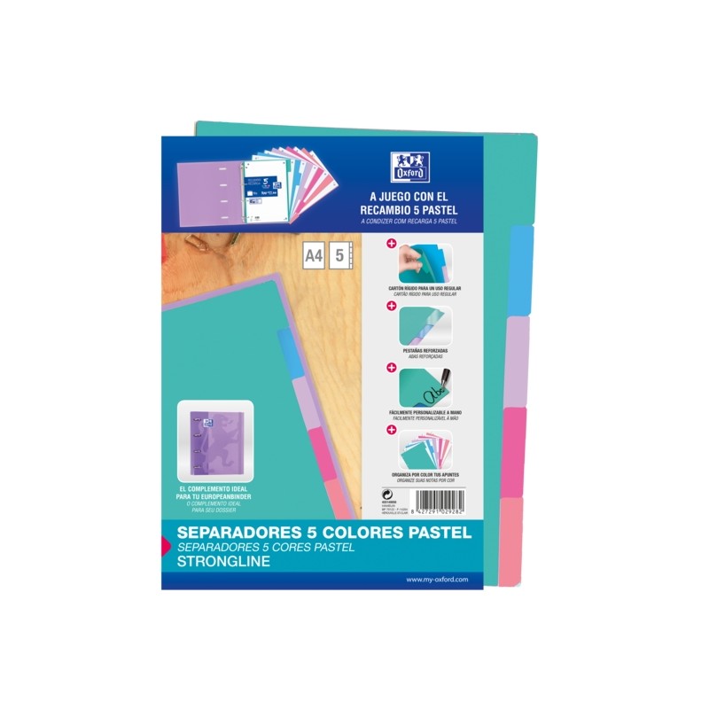Divisori Oxford Strongline A4 a 5 posizioni - 4 fori - Cartoncino 200 g/m² - Colori assortiti