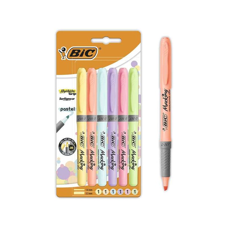 Bic Highlighter Grip Confezione da 6 evidenziatori pastello - Inchiostro a base d'acqua - Punta smussata - Tratto tra 1.