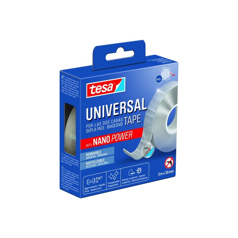 Nastro biadesivo universale Tesa con Nano Power 30 mm x 3 metri - Supporta carichi pesanti - Può essere rimosso senza l