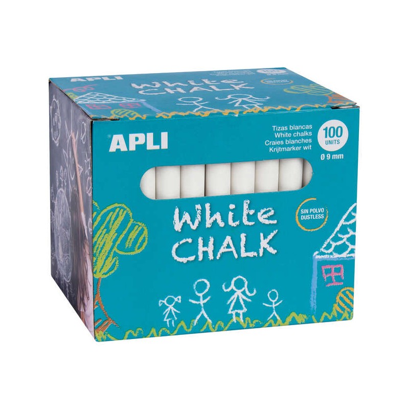 Gesso bianco rotondo Apli - Confezione da 100 pezzi Dimensioni Ø 9 x 80 mm - Ideale per scrivere. disegnare e colorare 