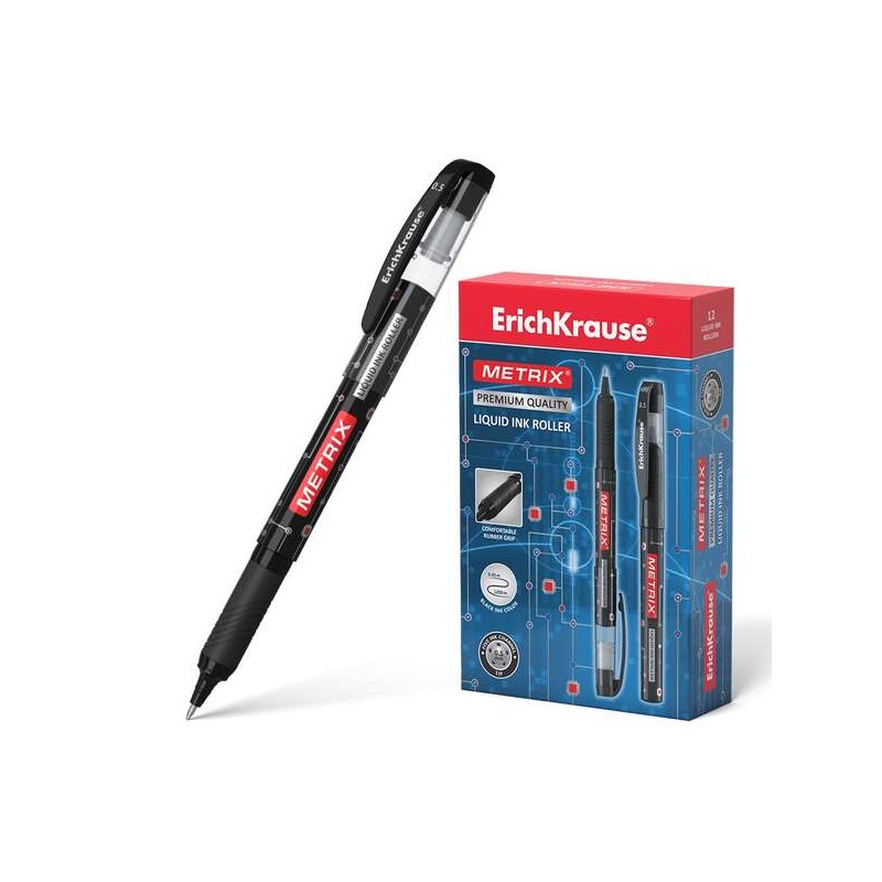 Penna a sfera a inchiostro gel Erichkrause Metrix - Pennino 0.5 mm - Impugnatura in gomma - Cappuccio con clip - Asciuga
