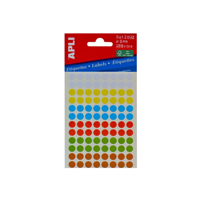 Minibag Apli di 288 etichette rotonde Ø 8 mm - 3 fogli per 96 etichette - Adesivo permanente - Colori assortiti