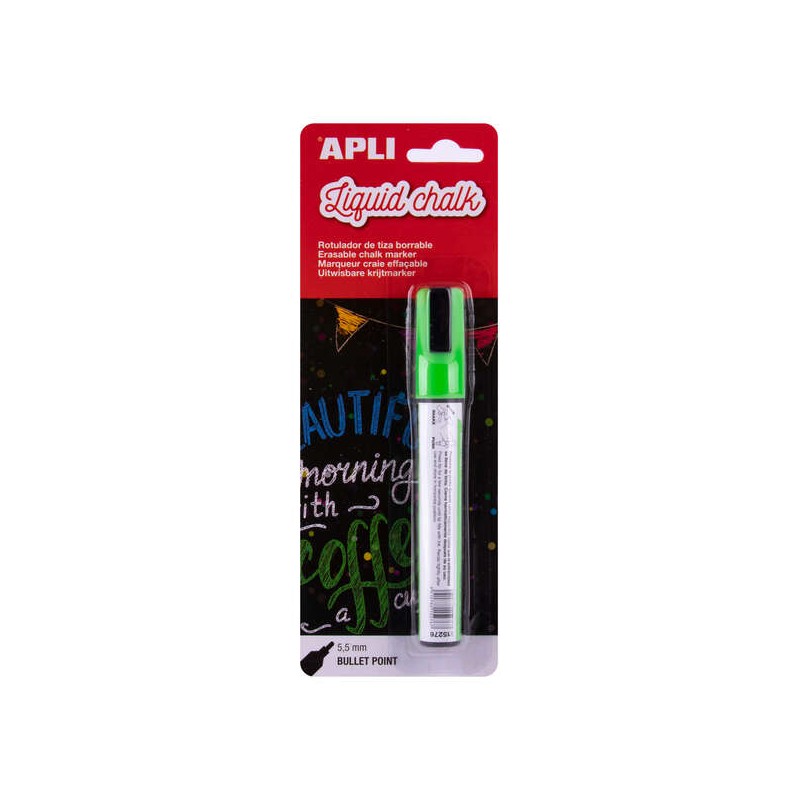Pennarello a gesso liquido verde Apli - Punta tonda da 5.5 mm - Facile da cancellare con un panno umido - Asciugatura ra