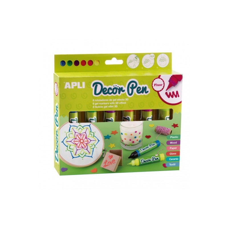Apli Confezione da 6 penne gel Fluor 3D - Ideali per decorare plastica. legno. carta. vetro. ceramica e tessuti - Person