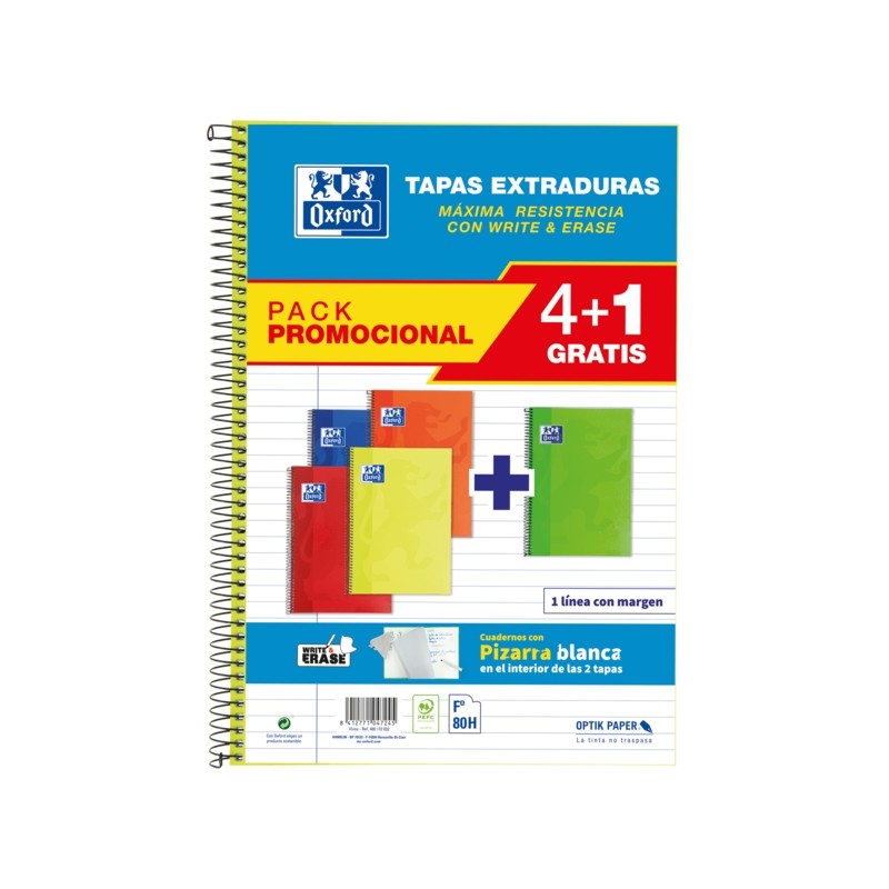 Oxford School Classic WriteeErase Pack 4+1 Fº - Quaderno a spirale - Copertina rigida - 1 riga con margine - 80 fogli -