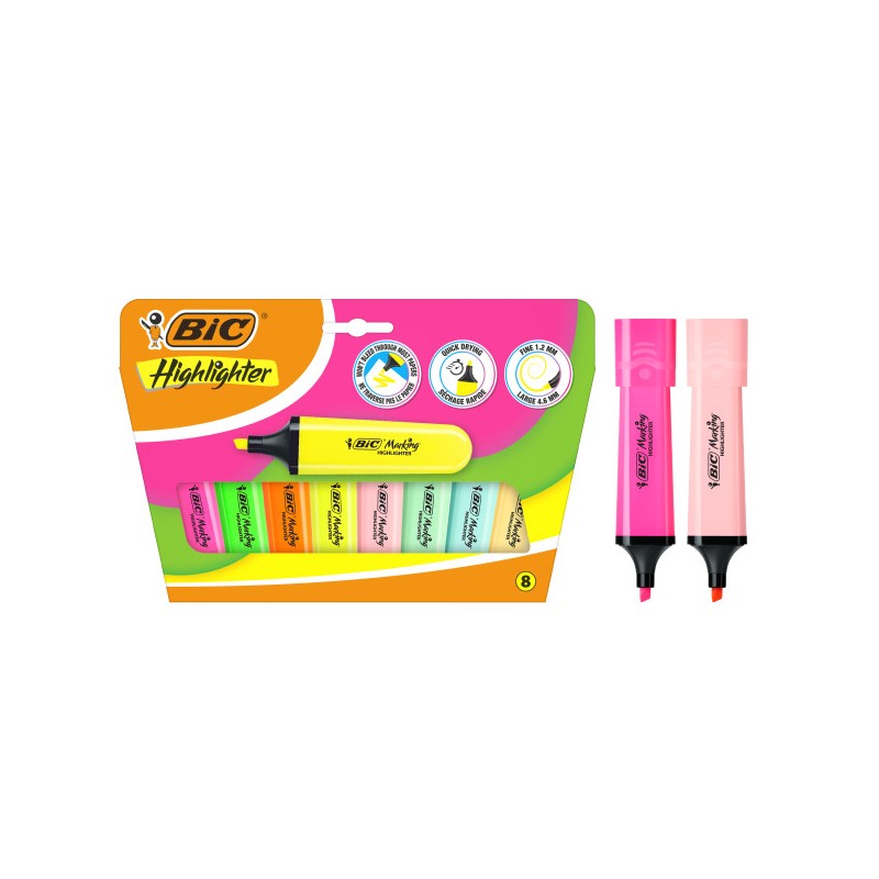 Bic Marking Highlighter Confezione da 8 evidenziatori - Punta smussata - tratto da 1.20 a 4.60 mm - Inchiostro a base d'