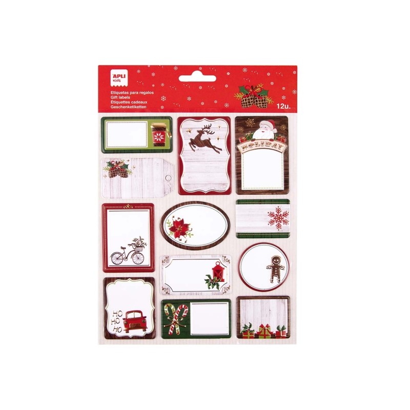 Apli Confezione da 12 adesivi per regali di Natale - Dimensioni e disegni assortiti - Spazio di scrittura