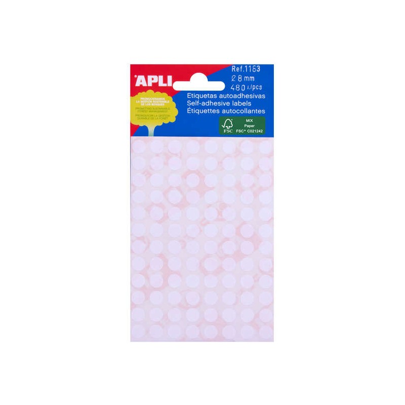 Apli Minibag di 480 etichette rotonde Ø 8.0 mm - 5 fogli per 96 etichette - Adesivo permanente - Bianco