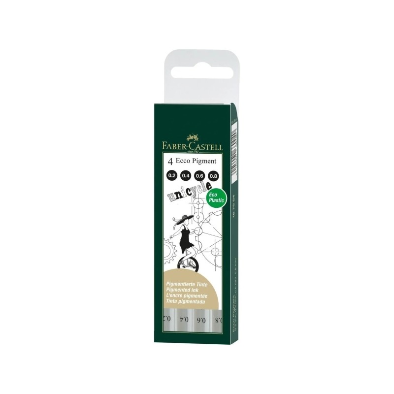Faber-Castell Ecco Pigment Confezione da 4 pennarelli calibrati da 0.2. 0.4. 0.6. 0.8 mm - Punta incisa in metallo - Inc