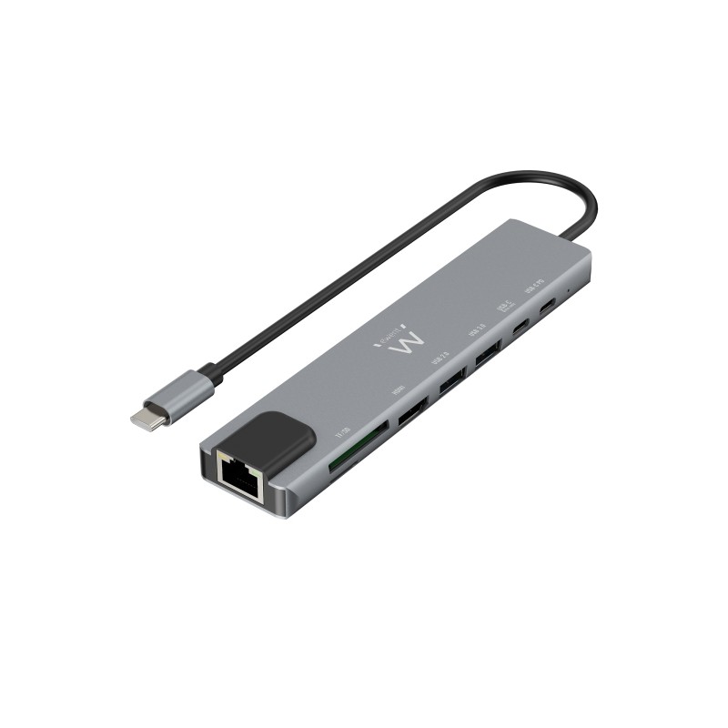 Ewent Dock USB-C 8 in 1 - HDMI 4K - PD 87W - USB-C - 2xUSB-A - LAN - Lettore di schede - Colore argento