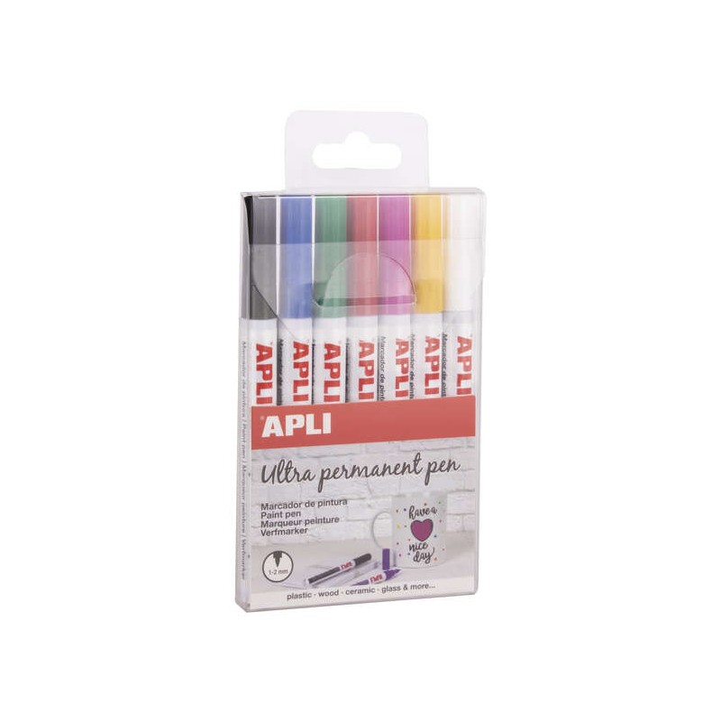 Penne a inchiostro permanente Apli - 1-2 mm - Confezione da 7 colori - A base d'olio - Lunga durata - Resistente all'acq