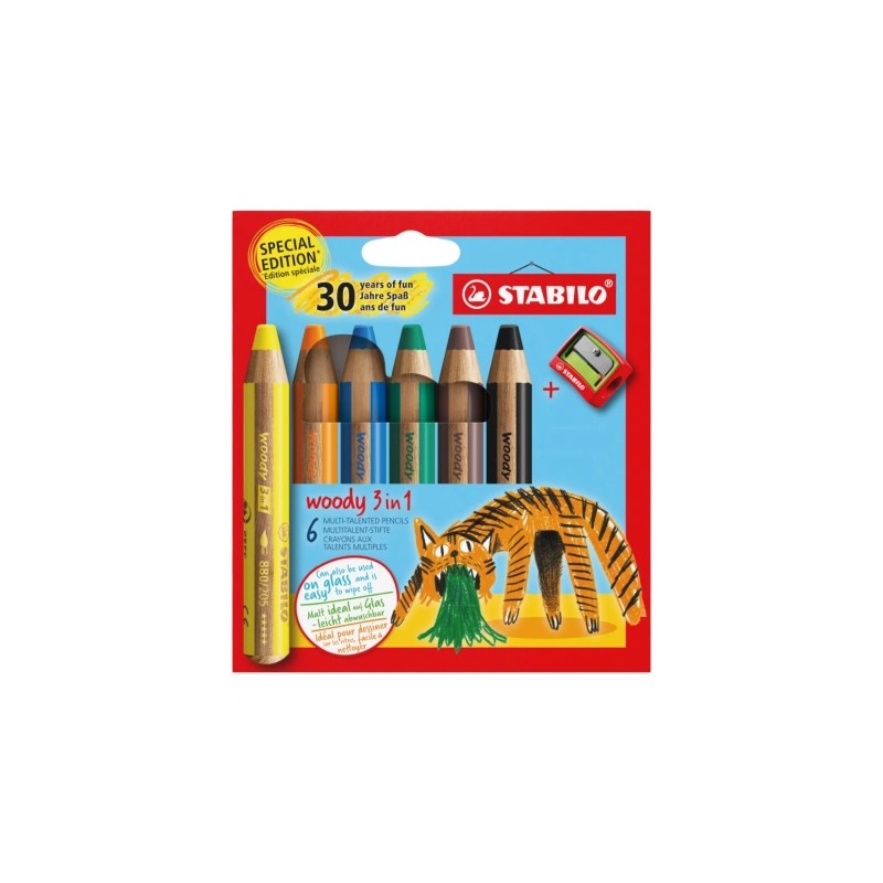 Stabilo Woody 3 in 1 30th Anniversary Tiger Confezione da 6 matite colorate + temperamatite - Matita colorata. matita a 
