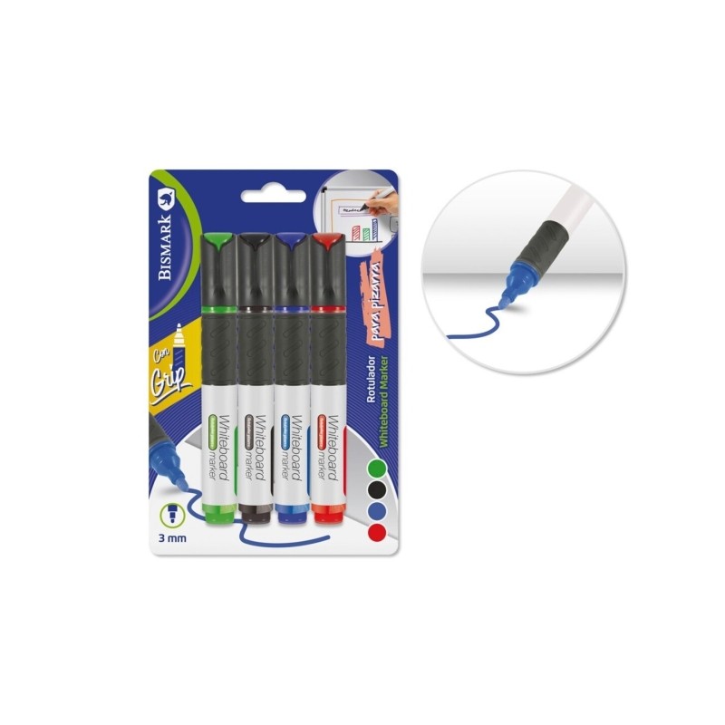 Bismark Confezione da 4 pennarelli per lavagne bianche con impugnatura - Punta tonda 3 mm - Colori assortiti