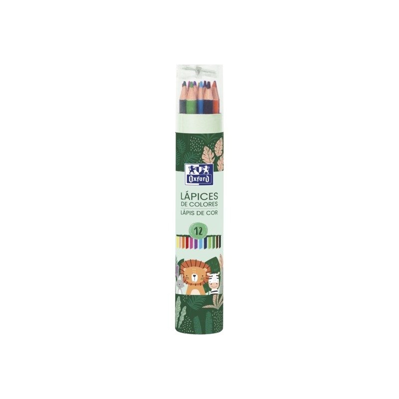 Oxford Animal Besties Tubo di 12 matite colorate + temperamatite - In legno - Matite decorate con disegni di animali - C