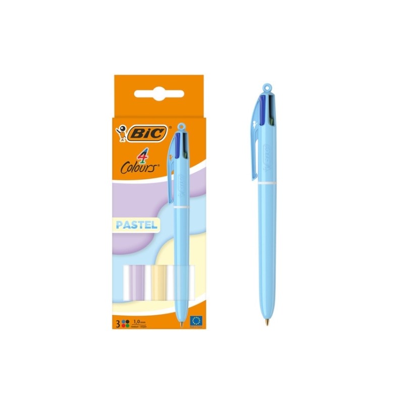 Bic 4 Colori Pastello Confezione da 3 penne a sfera retraibili - Punta media 1.0 mm - Inchiostro a base d'olio - Corpo p