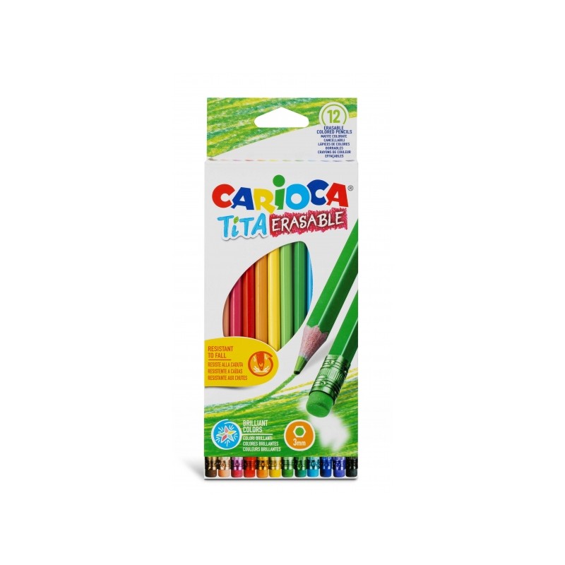 Carioca Tita Confezione da 12 matite cancellabili in resina - Corpo esagonale - Colori brillanti e lavabili - Scrittura 