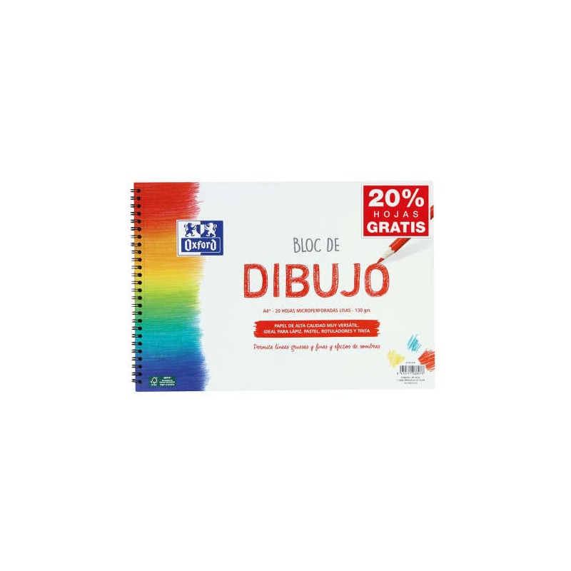 Oxford School Sketchbook Rilegato a spirale A4+ Tinta unita - 20 fogli microperforati 130gr Colore naturale - Carta a su