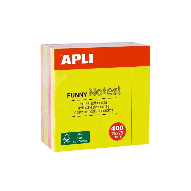 Apli Funny Funny Cubo di 400 foglietti adesivi 75 x 75 mm - Colori fluorescenti assortiti