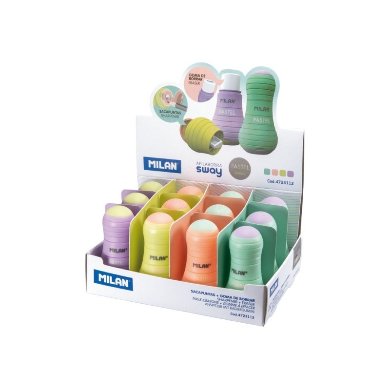 Milan Sway Display pastello di 12 temperini con gomma - Temperamatite con lama di sicurezza - Colori assortiti