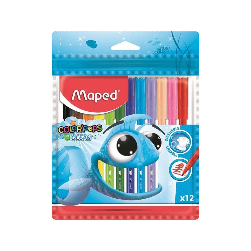 Pennarelli Maped Color'Peps Ocean - Punta media bloccata 2 mm. - Ogivale. morbida e flessibile - Colori vivaci e brillan