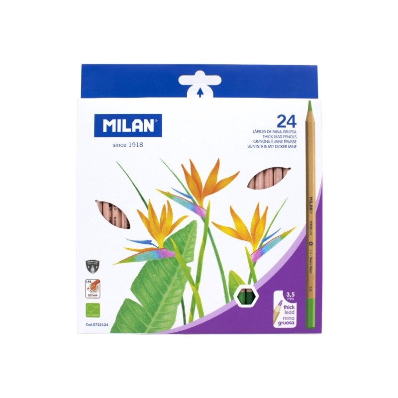 Milan Confezione da 24 matite colorate esagonali - mina spessa 3.5 mm - resistente alla frantumazione - legno certificat
