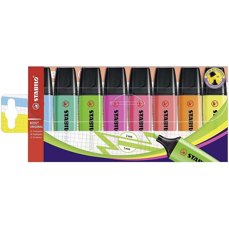 Stabilo Boss 70 Confezione da 8 evidenziatori - Linea da 2 a 5 mm - Ricaricabili - Inchiostro a base d'acqua - Colori as